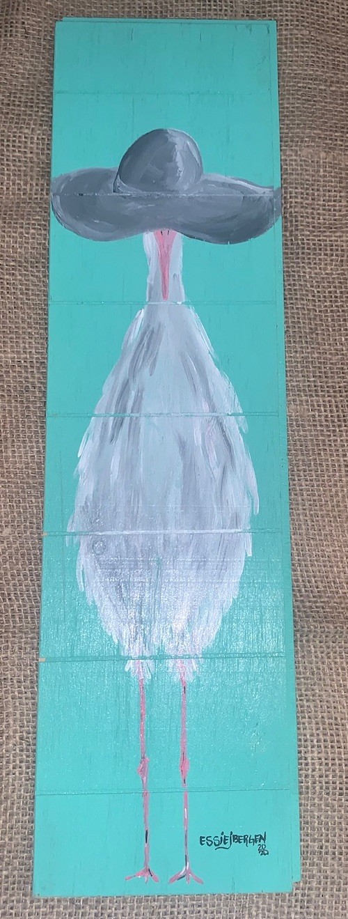 Original White Crane Heron Bird W/ Hat 5”W 18”L Signed Essie J Bergen 2020 Board