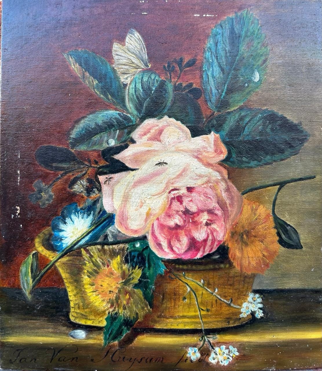 After Jan Van Huysum (1740-45): A Basket With Flowers , Oil On Board , Framed