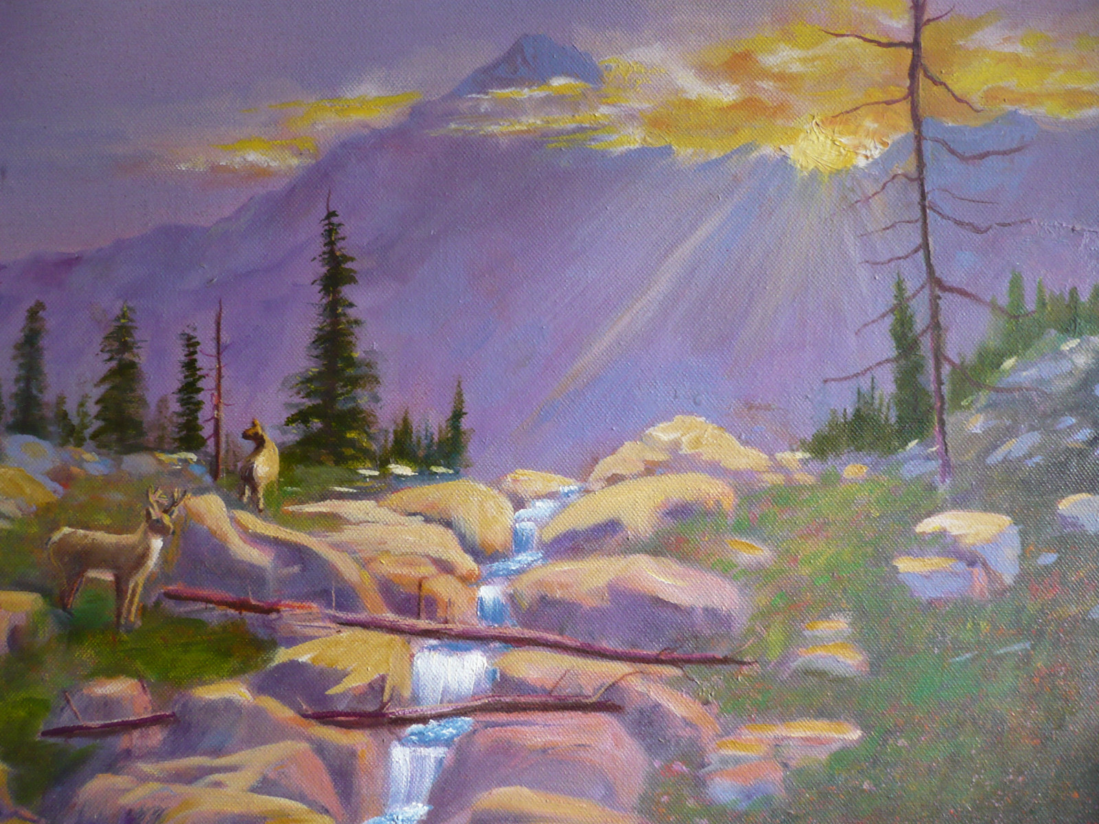 W.E. KNIGHT, Vintage OIL LUMINOUS WESTERN LANDSCAPE w/ DEER and RIVER MOUNTAIN