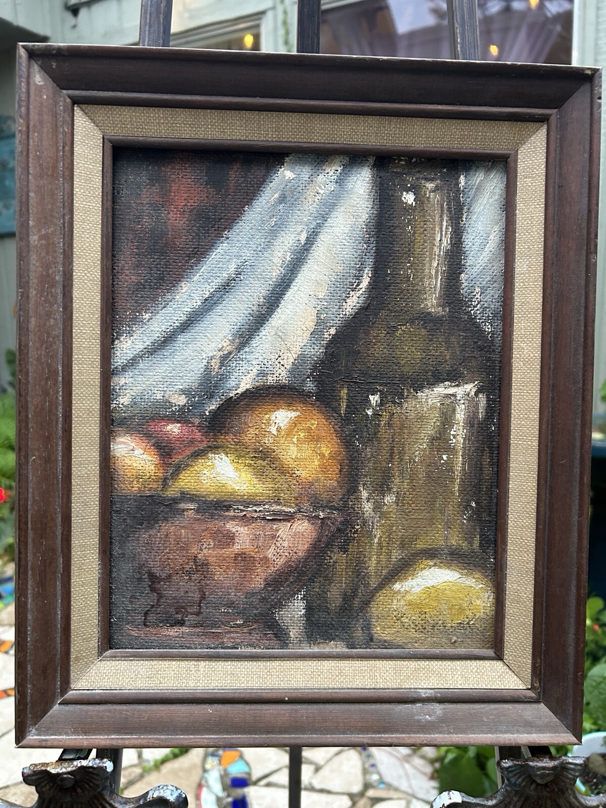MCM Still Life Oil on Masonite Bowl of Fruit and A Bottle of Wine OOAK Vtg