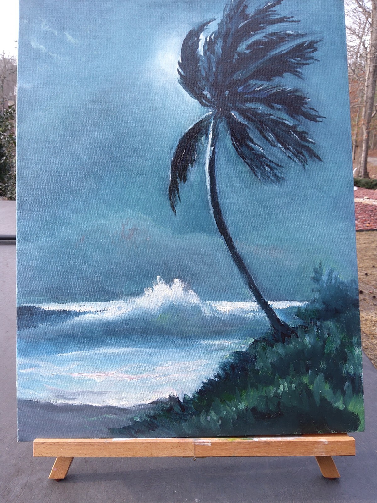 Original Oil of Palms at Night Size 11×24 in. Unframed and signed by Artist