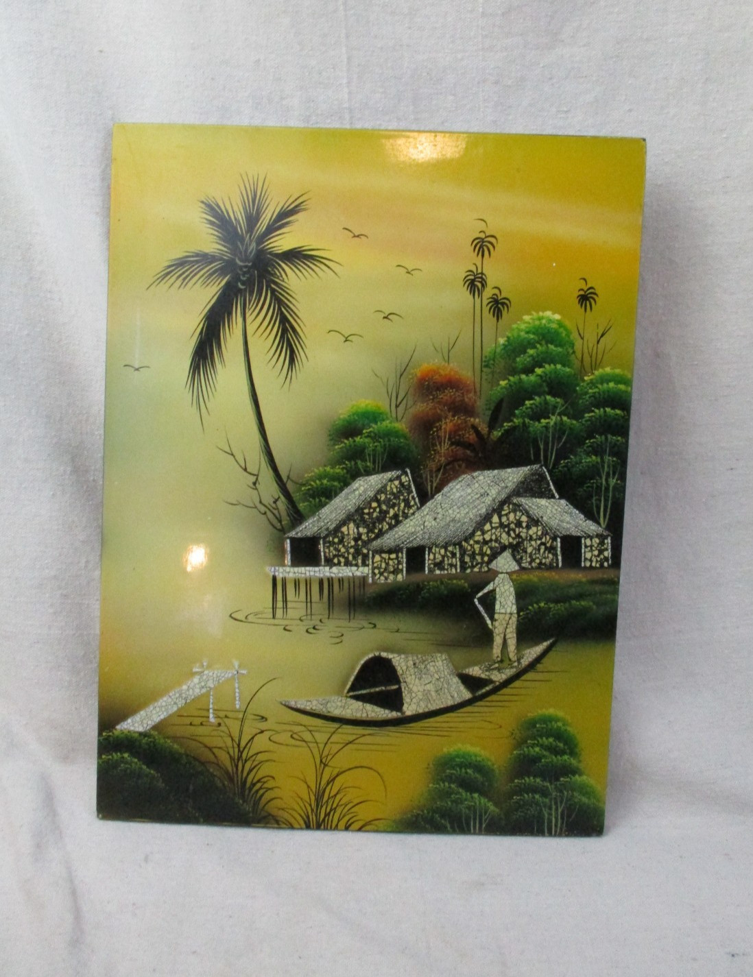 Vrg Vietnamese Black Lacquer Art Painting 11 x 15 Fisherman Boat Countryside