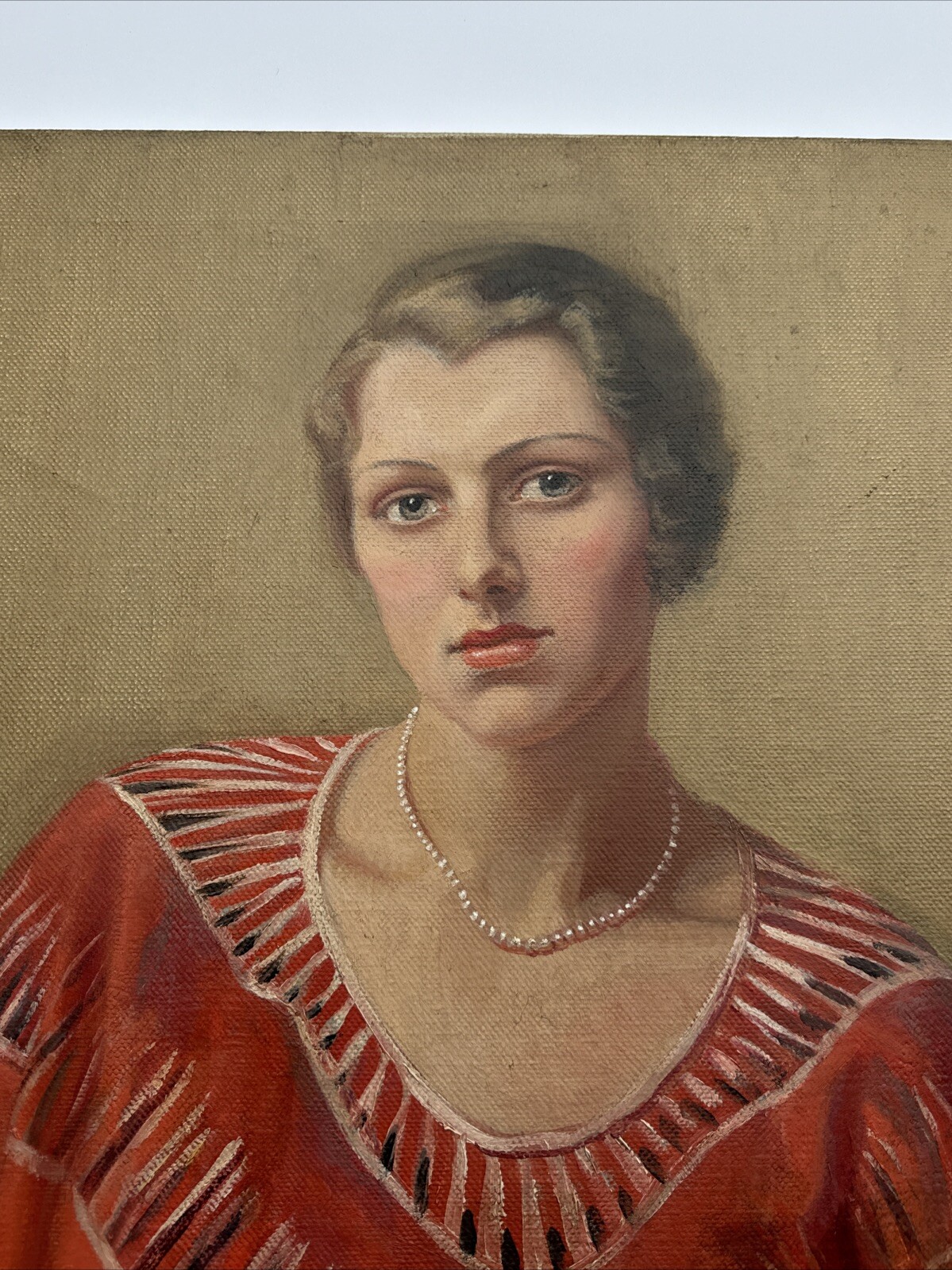 ANTIQUE PORTRAIT PAINTING PRETTY WOMAN FEMALE MODEL OIL ART DECO SIGNED LEWIS