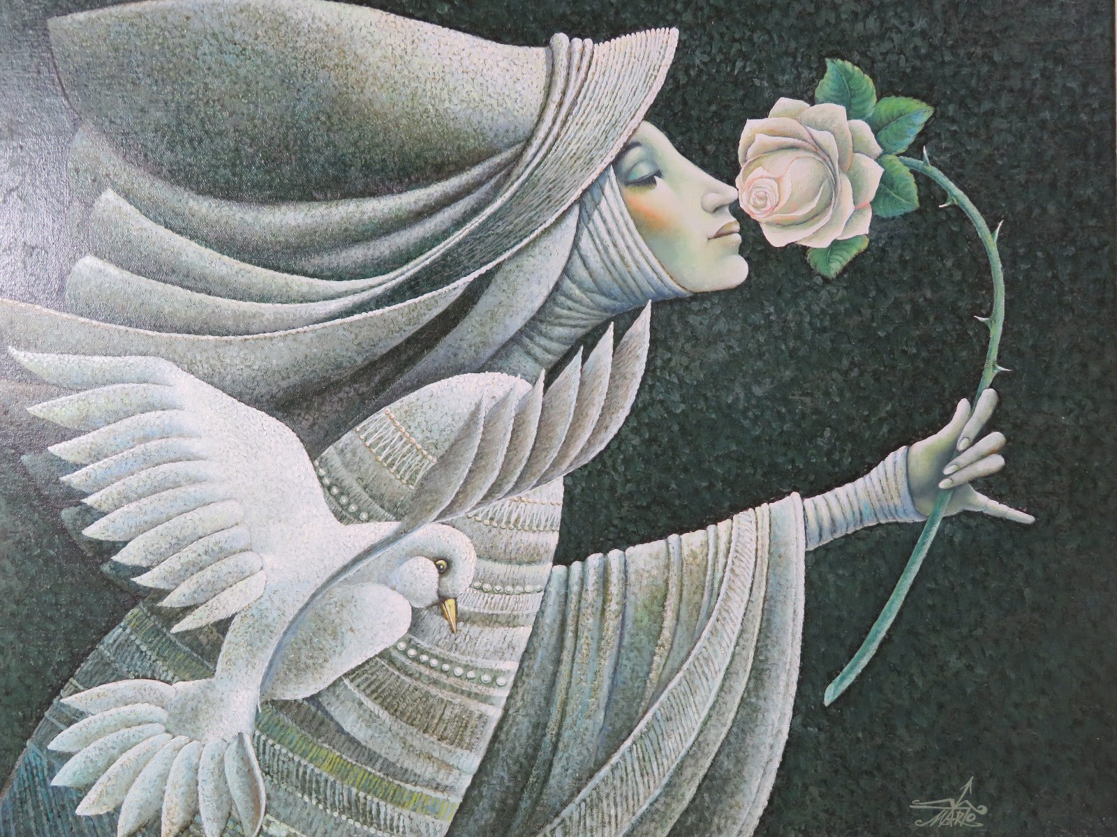 Myung Mario Jung Beauty! Surrealism women peace flower 28″x24″ O/C
