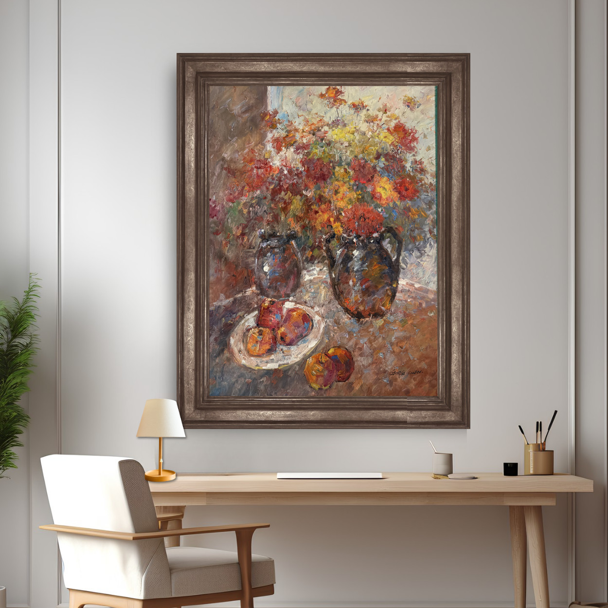 Large Still Life Oil Painting Flowers Vase Fruit Textured Impasto Signed 36×48