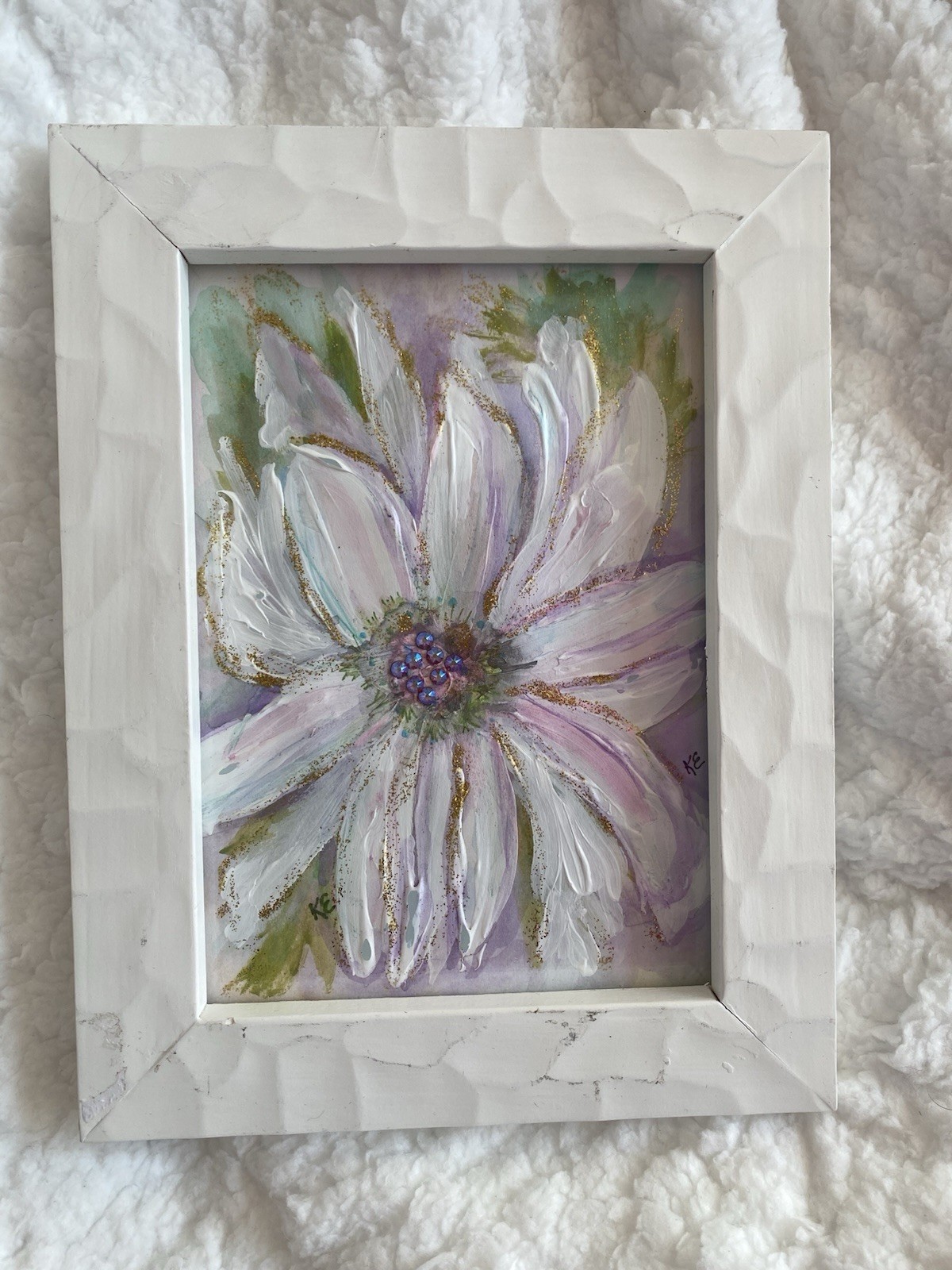 Painting Floral acrylic pastel colors w Swarovski. Framed. Original 9x7x3/4in