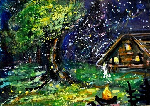 ACEO Original PAINTING Summer CABIN Camping Fire Night Stars Landscape ATC ART