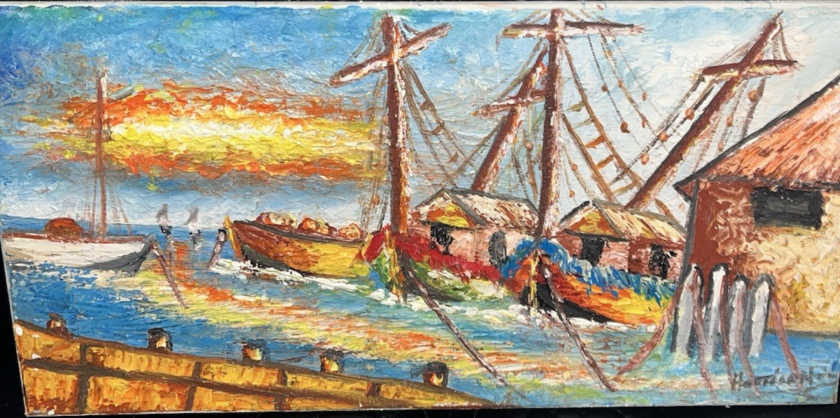 harrison leveque Impressionist Oil Painting Harbor Ships Boats Sunset Seascape