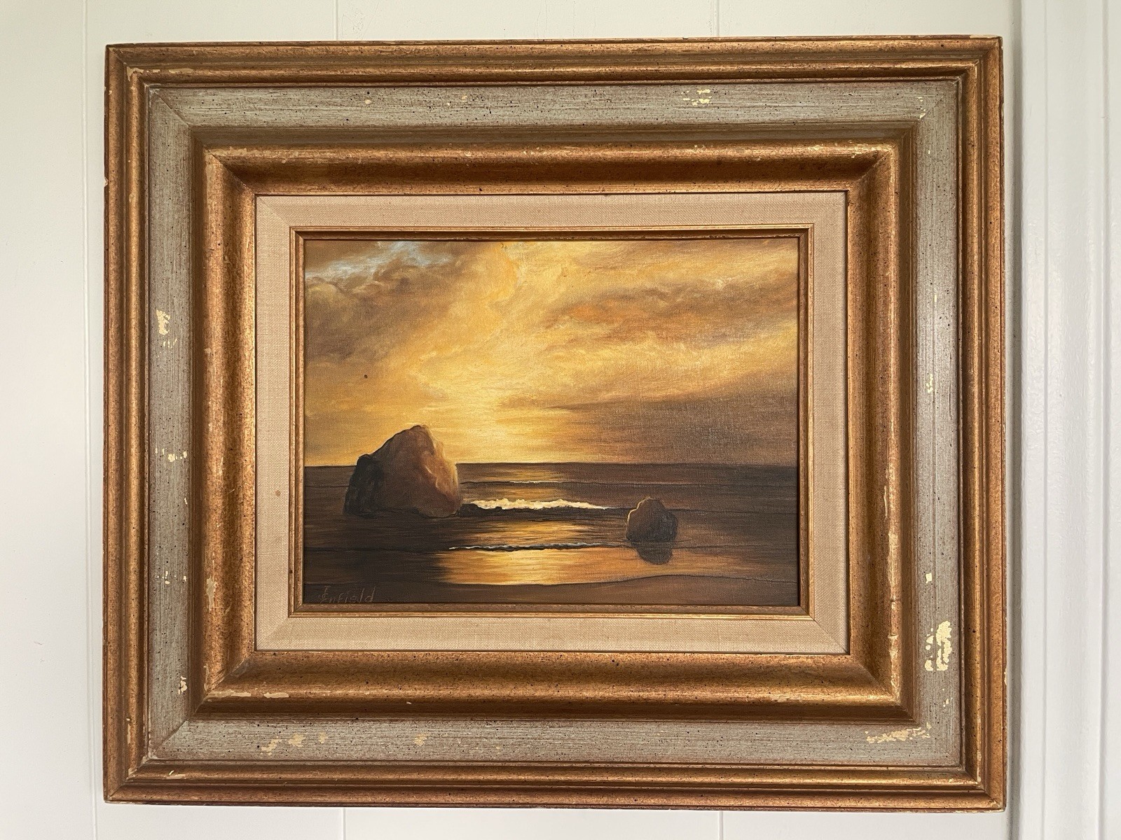 Vintage Original Oil Painting Oregon Coast Golden Hour Sunset Signed Framed Art
