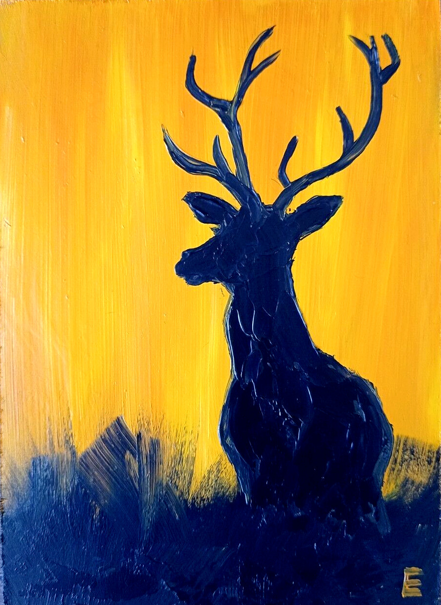 Original Painting Deer Oil Horns Sunset Nature Beast Animal 8 х 6 inches