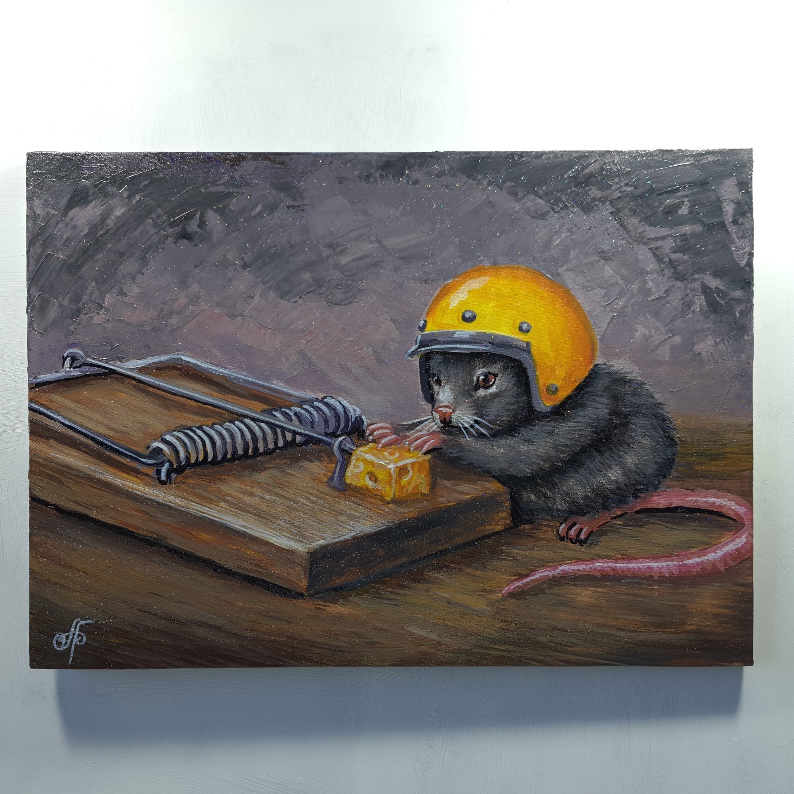 Original Acrylic Painting Mouse Yellow Helmet Cheese Trap Canvas Humor Wall Art