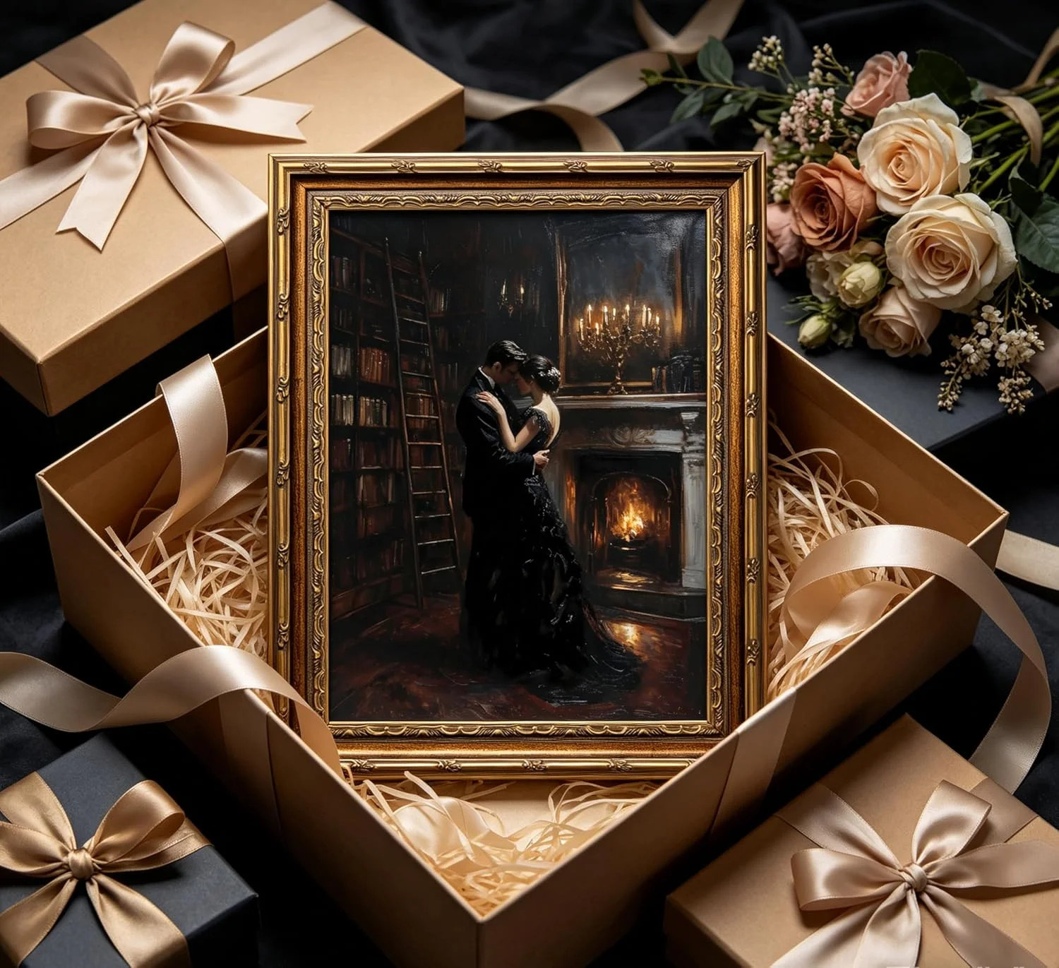 Vintage Gold Framed Gothic Wall Art, Victorian Romantic Couple Dancing Painting