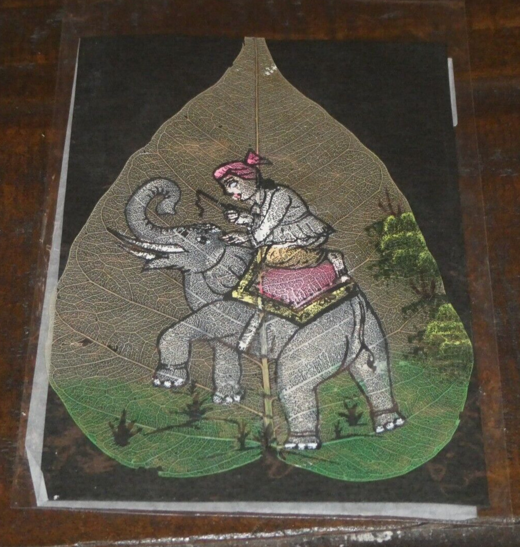 Indian Man riding Elephant Figure Leaf Painting Art Handmade Decorative! Sealed!