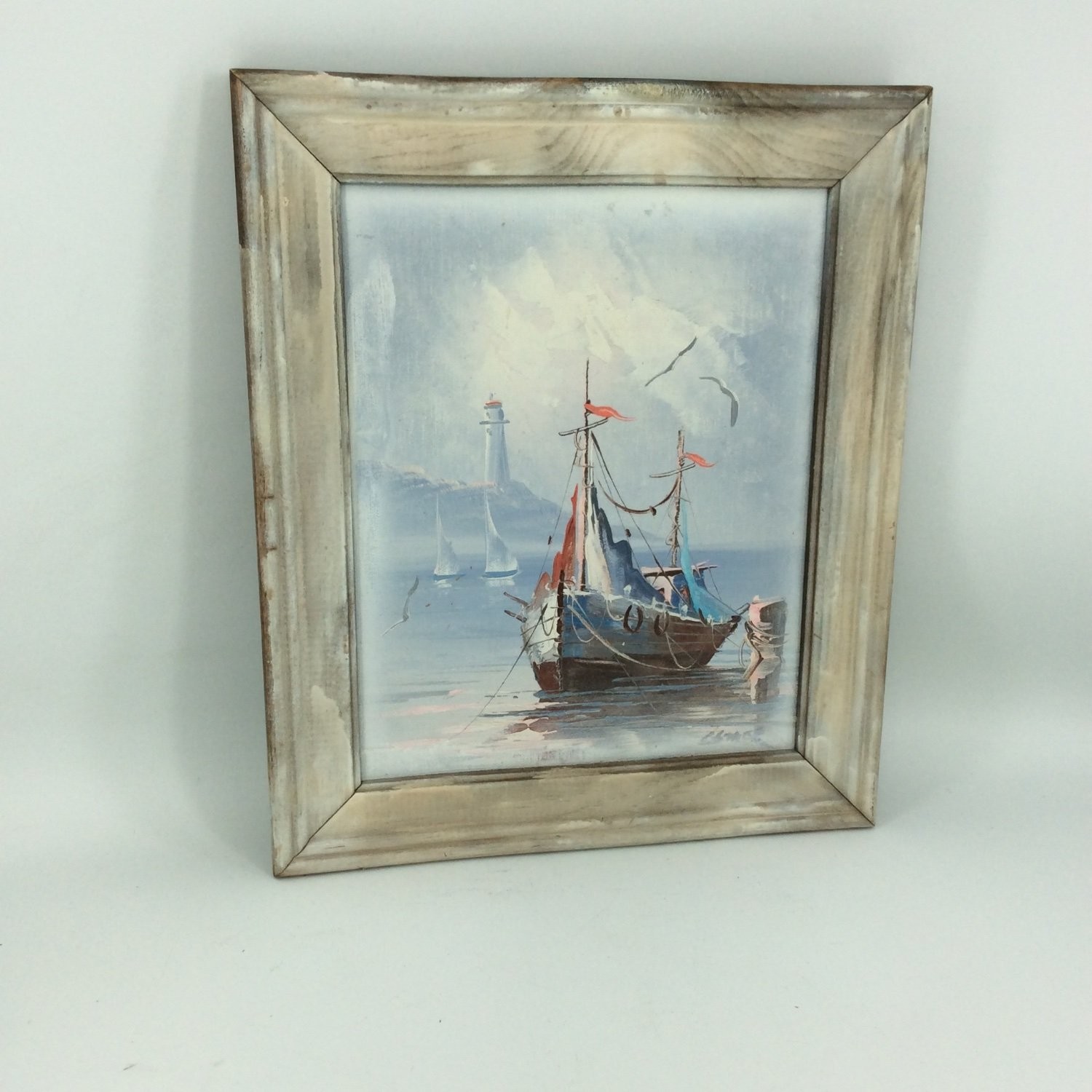 C. Stack Original Oil Painting Nautical Seascape Fishing Boat Small Canvas MCM