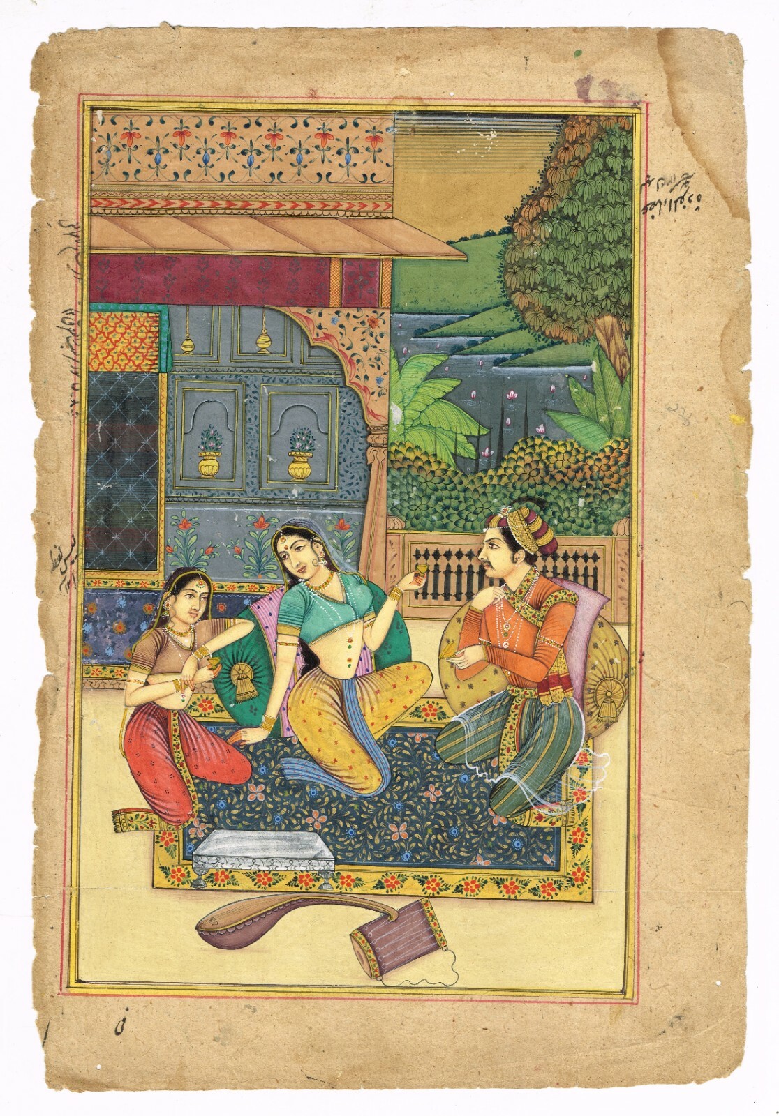 Mughal Painting Of Mughal King Enjoying Drink With Queen On Paper 7×10.5 Inches