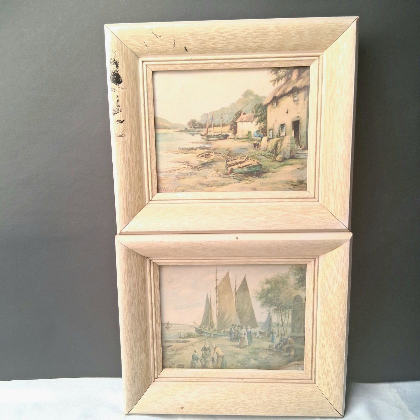 2 vintage boat and lake view house photoswith frame.