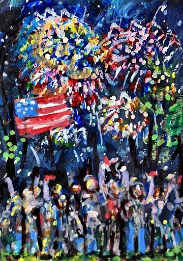 ORIGINAL ACEO Painting FIREWORKS 4th July Camping Fire People USA Flag ATC ART