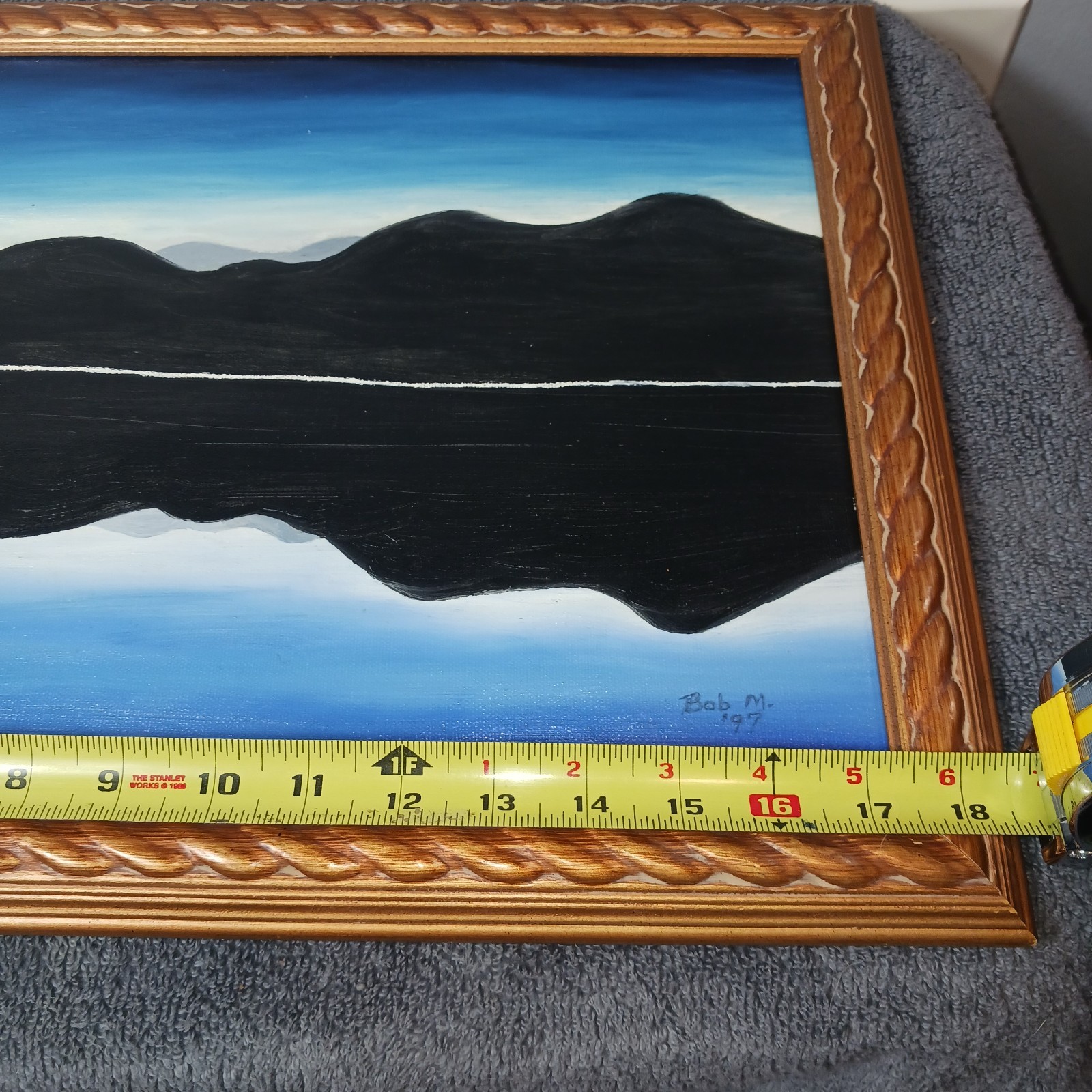 Vintage Artist Signed Painting, Mountain Reflection Lake Fisherman 18 × 14