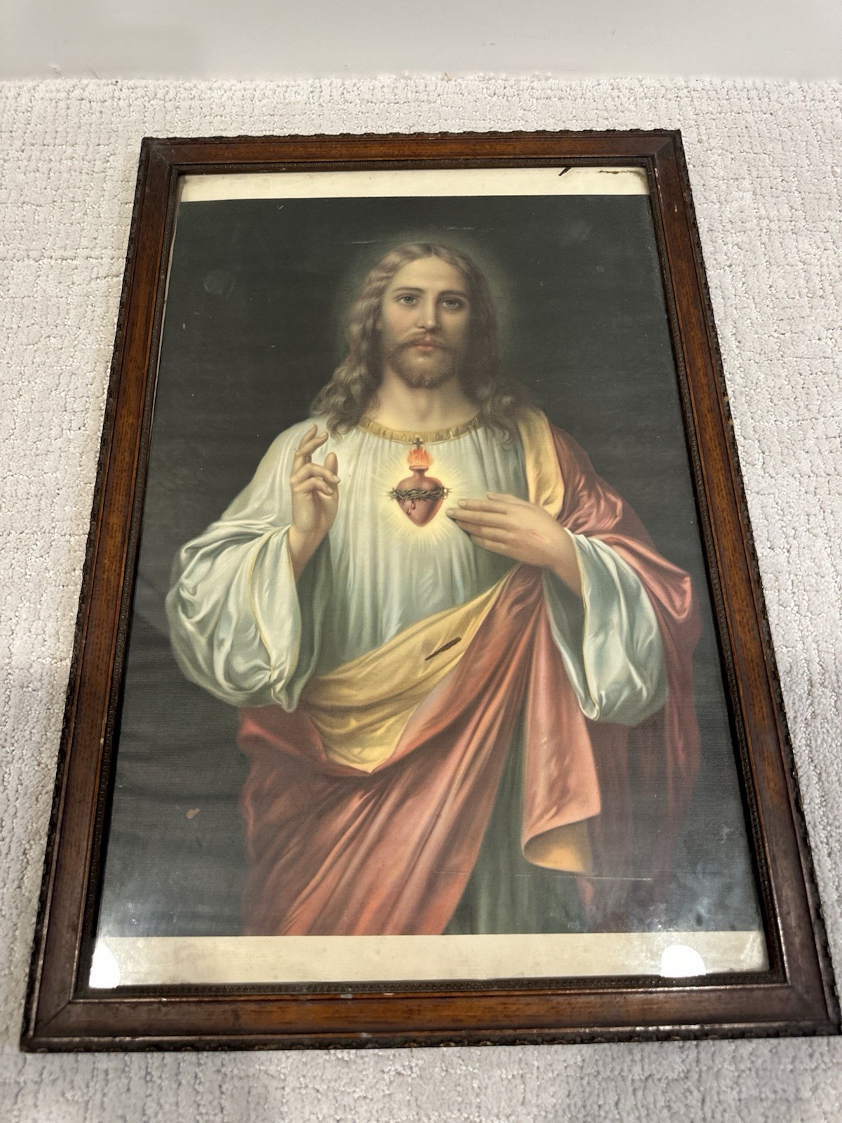Vtg Sacred Heart of Jesus By Zabateri Oil Painting Litho Print 21.75” By 14.75”