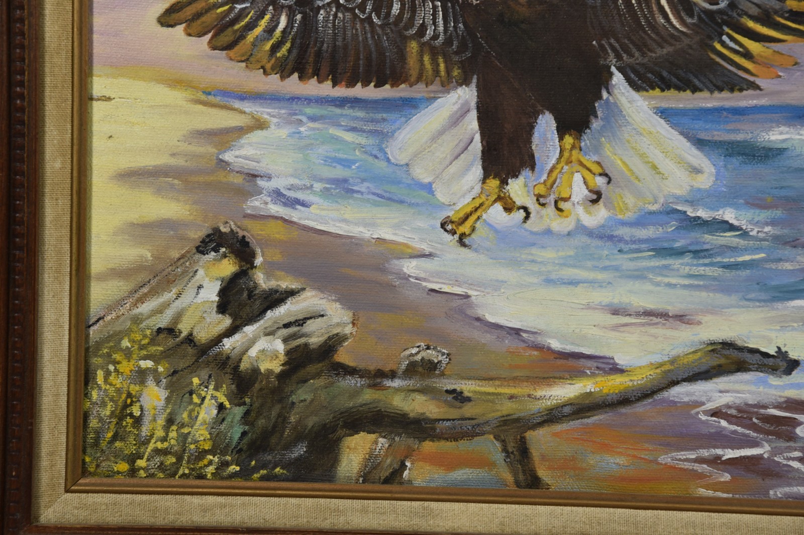Vintage Bald Eagle Flying by Ocean Beach House Seascape Bird Original Art Framed