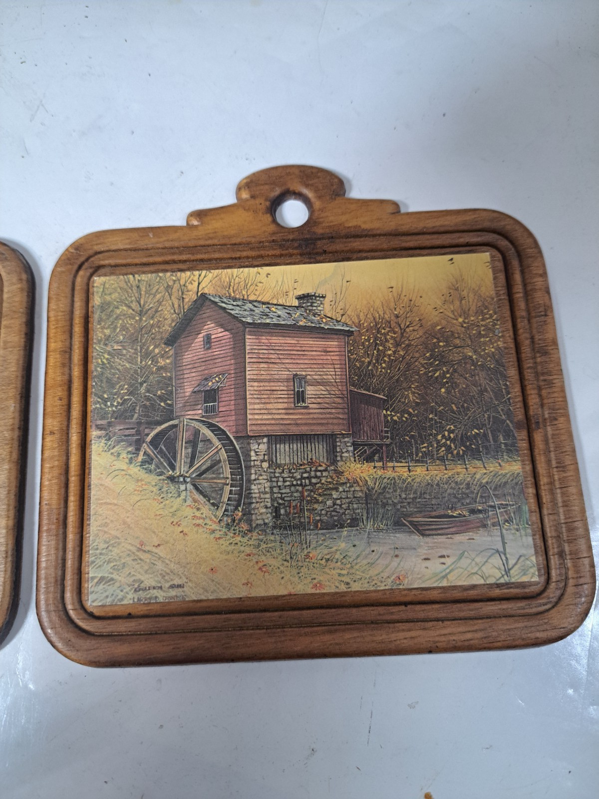 Vintage Wooden Rectangular Plaque Countryside Hanging Paintings Lot of 3