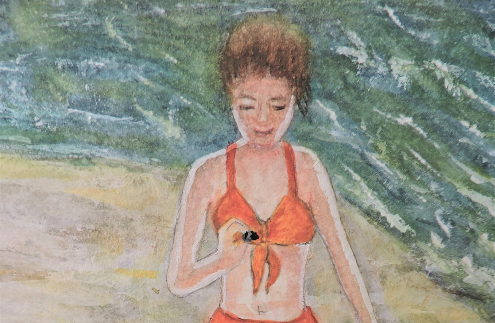 «Finding an Unusual Shell» Original Watercolor Painting Water Beach Girl