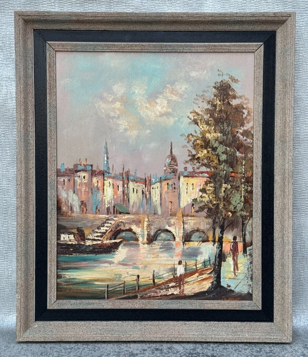 BLECK SIGNED PARIS FRANCE OIL PAINTING CITISCAPE RIVER SEINE WALKING FIGURES ART