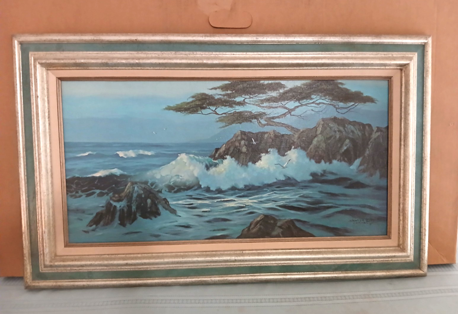 Authentic Signed Skerce 78 Wood Framed Carmel Surf Oil Canvas Painting 38″X24″