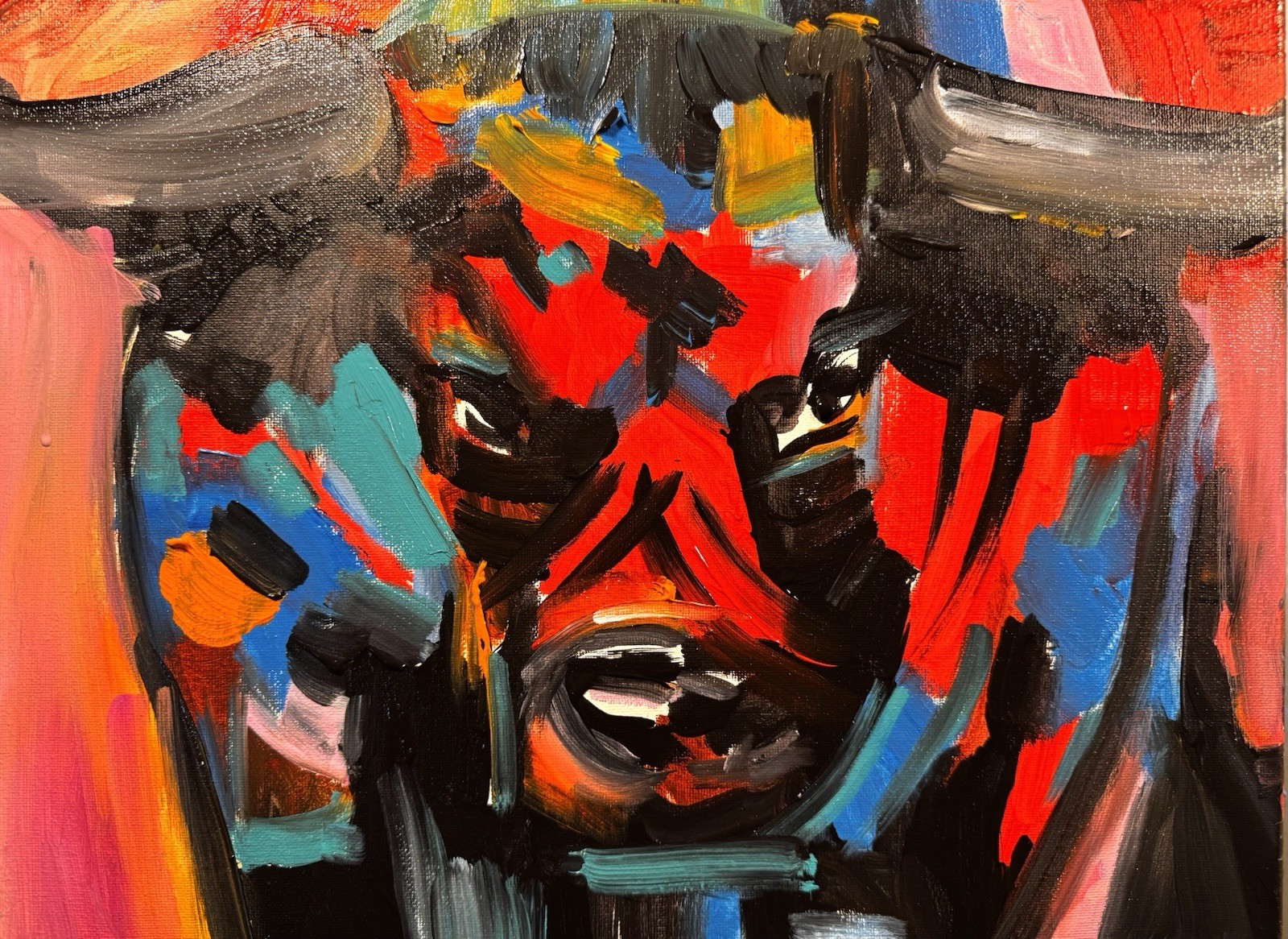 SAMATOWIC Original Abstract Bull 12×16 Colorful Living Room Art Signed 561
