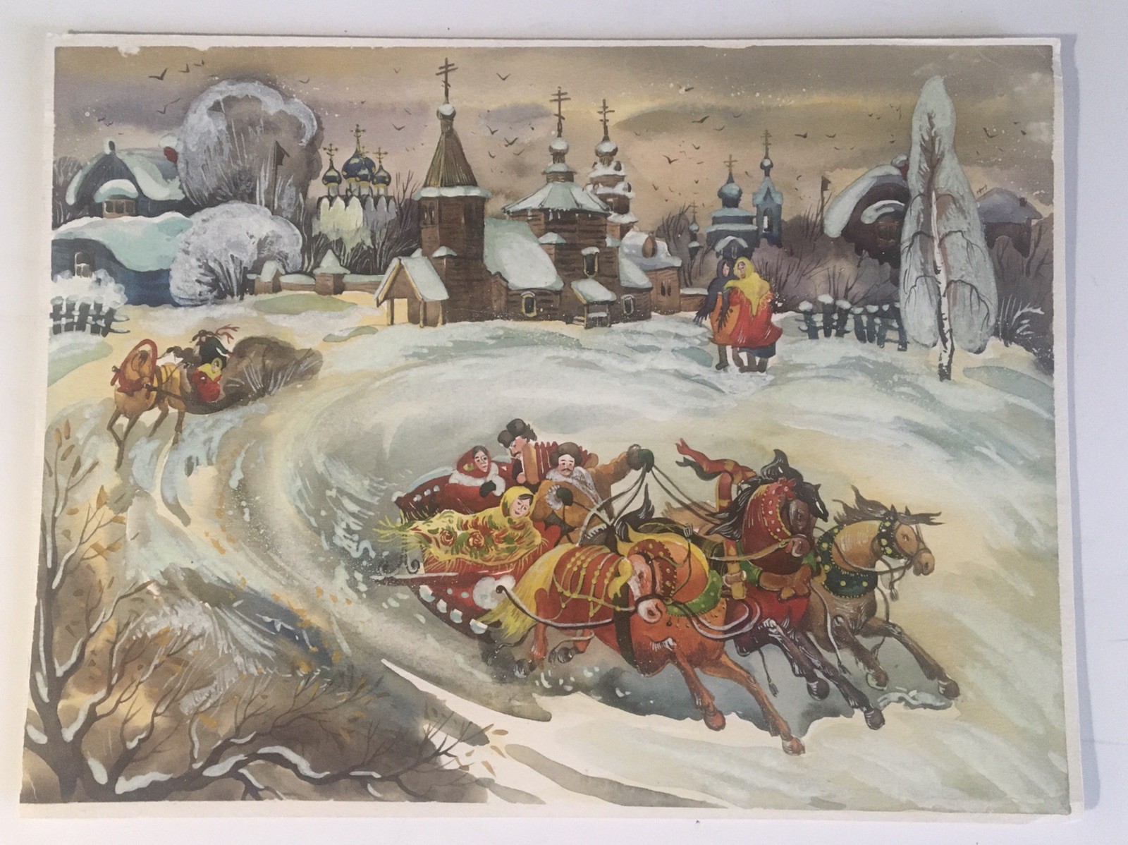 Russian Folk Art Original Painting Winter Scene Troika Sleigh Ride 13″ x 10″