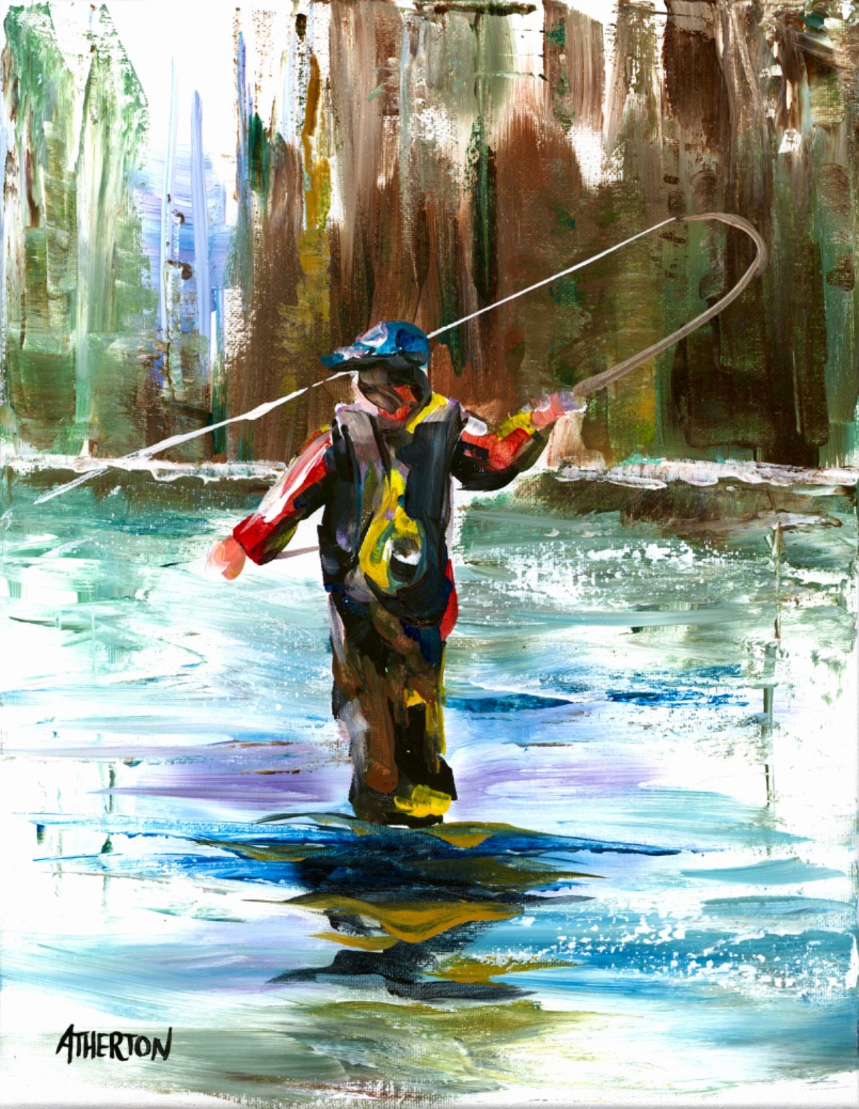 11×14 Original Fly Fishing Painting River Angler Impressionist Outdoor Art
