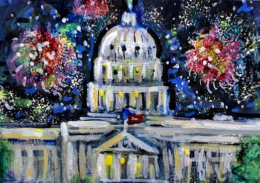 ACEO Original PAINTING Washington DC FIREWORKS Night Building Landscape ATC ART