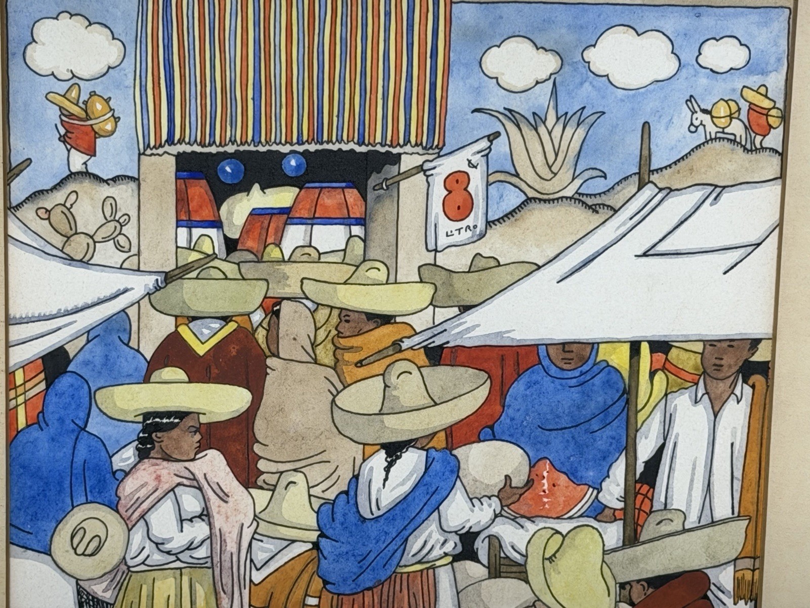 Original Jorge A Murillo Watercolor Mexican Folk Art Market Fonda Los Pingos