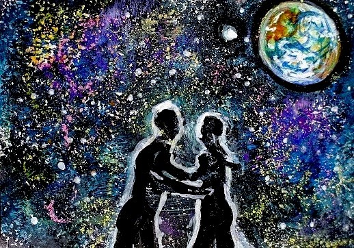 ACEO Original Painting Divine Energy Soul Self TWIN FLAME Earth Love Stars ART