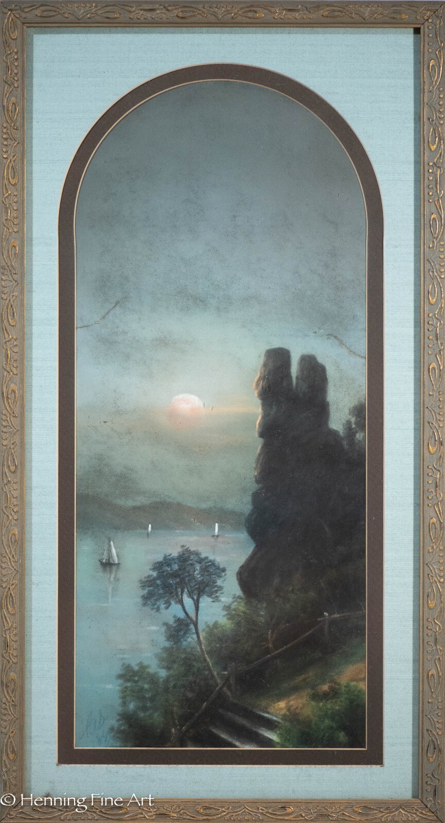 Beautiful Antique Moonlit River Valley Landscape Painting River Mountains Signed