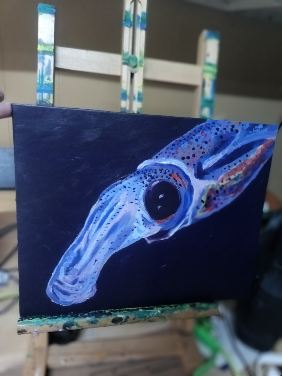 Squid, original painting 11×14 Hard Board Panel Canvas. Acrylic Painting
