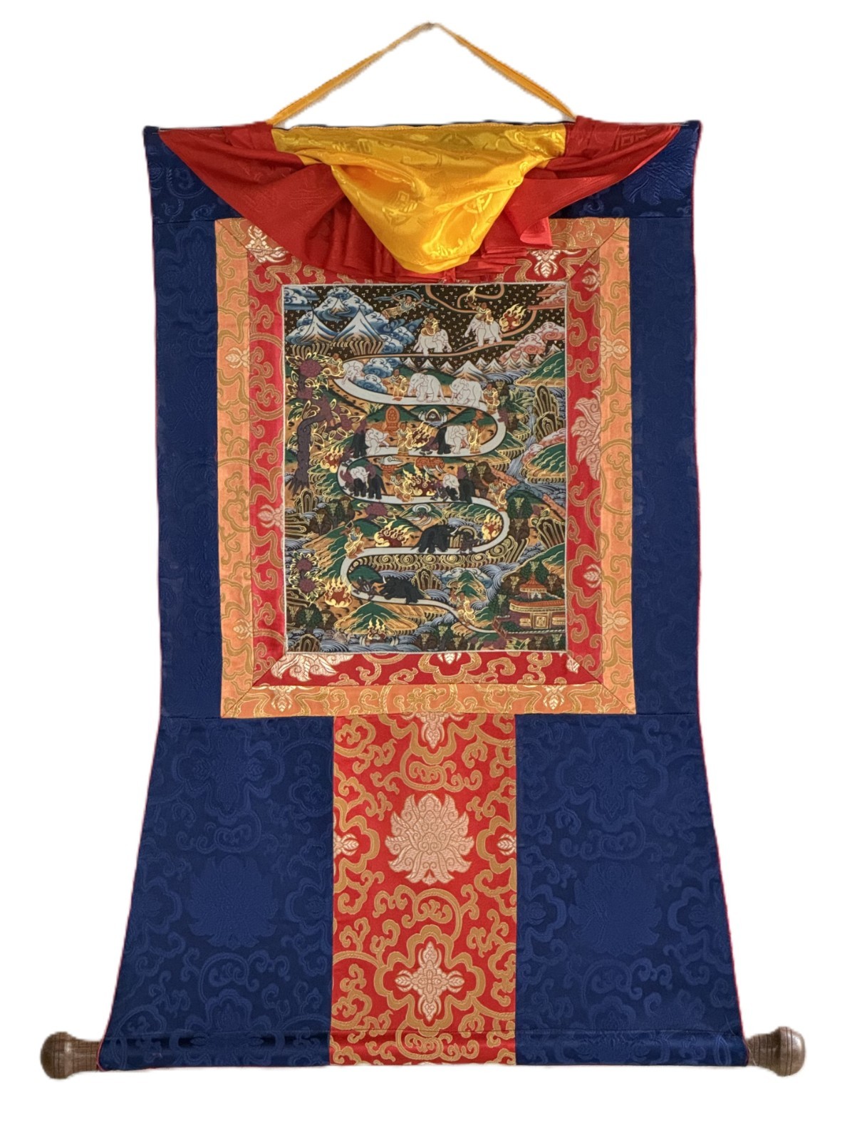 ELEPHANT PATH SAMATHA MEDITATION ORIGINAL TIBETAN THANGKA PAINTING SILK FRAMED