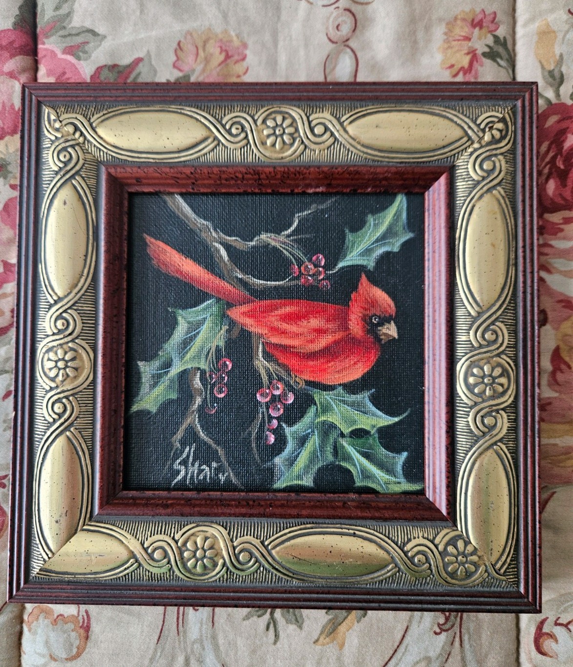 Cardinal Bird Acrylic Painting on Canvas Framed and Signed