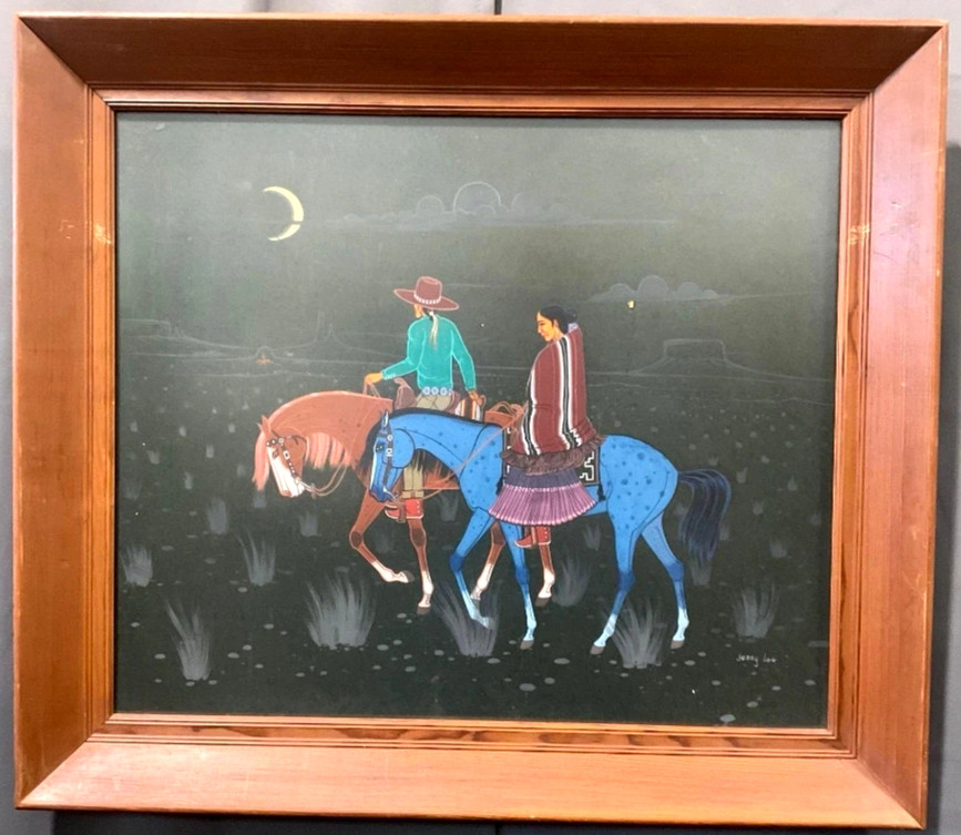 Original Gouache Western Painting Signed by Navajo artist Jerry Lee 26h x 30w