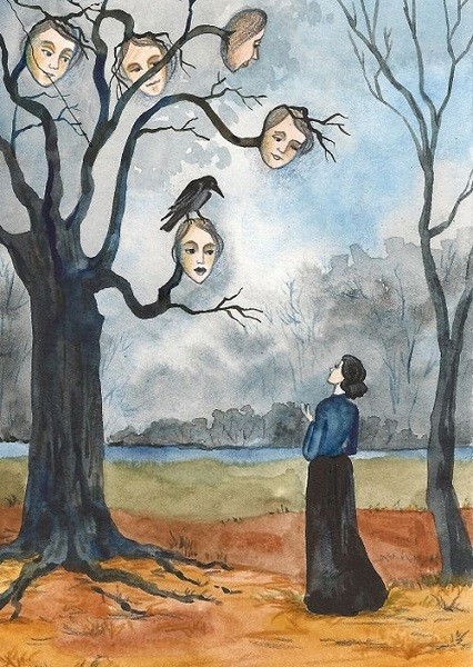ACEO PRINT OF PAINTING RYTA CROW MAGIC ART HALLOWEEN WITCH landscape pagan tree