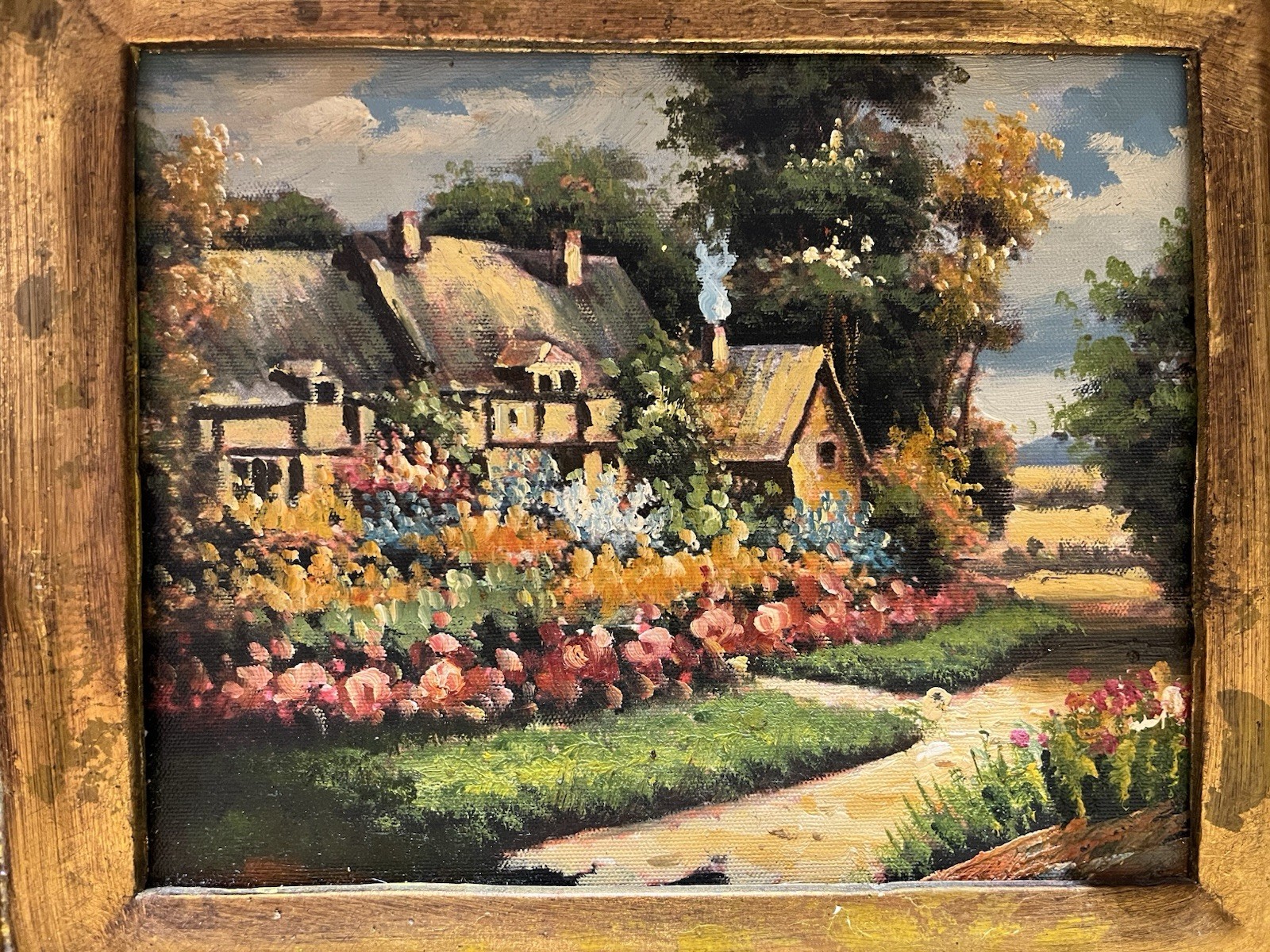 Vintage Oil Painting On Board Ornate Heavy Gold Frame English Cottage