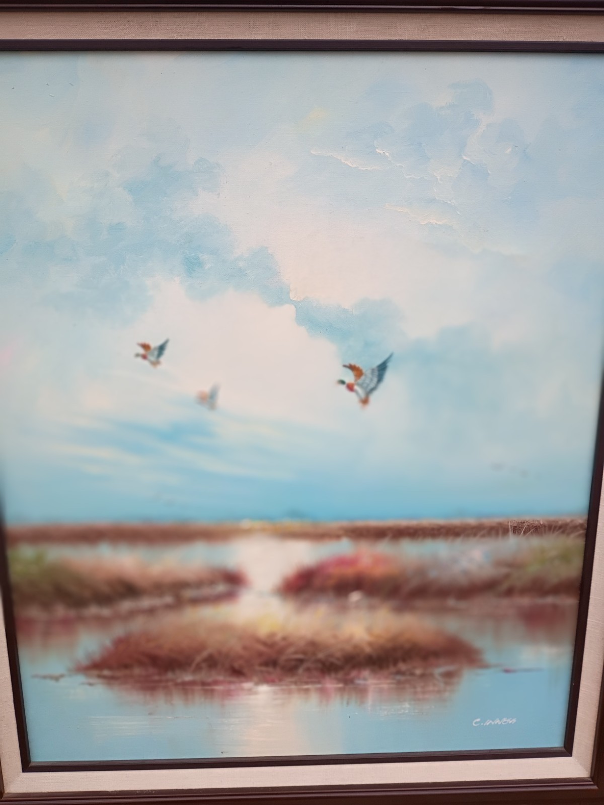 Vintage Clara Inness CabinCore Original Oil Painting Framed Mallard Ducks Marsh