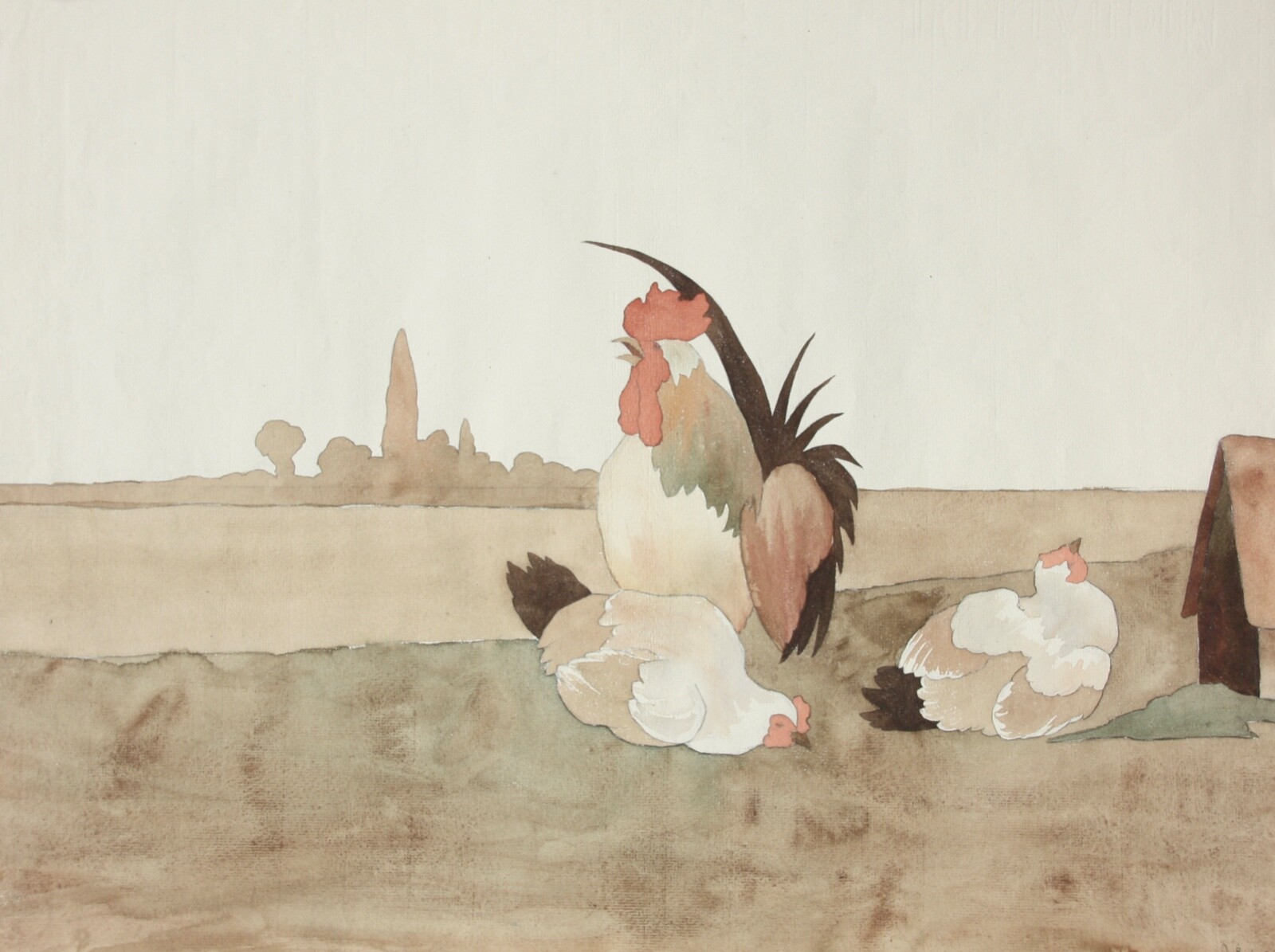 Rooster with Two Hens, Chickens, Watercolour, Art Nouveau, France, Circa 1900