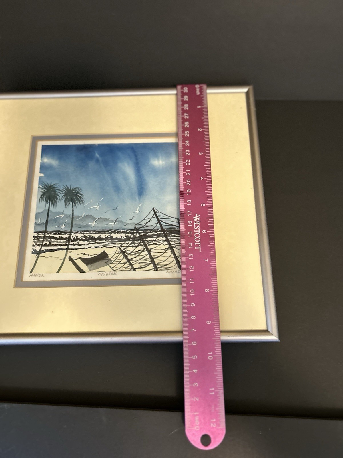 Beachfront Watercolor Painting Palms Seagulls Original Manisa By Vallaria 1990