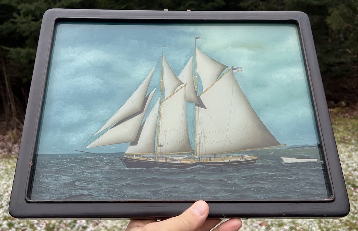 Vintage Framed Chinese Reverse Glass Painting American 2 Masted Schooner Ship
