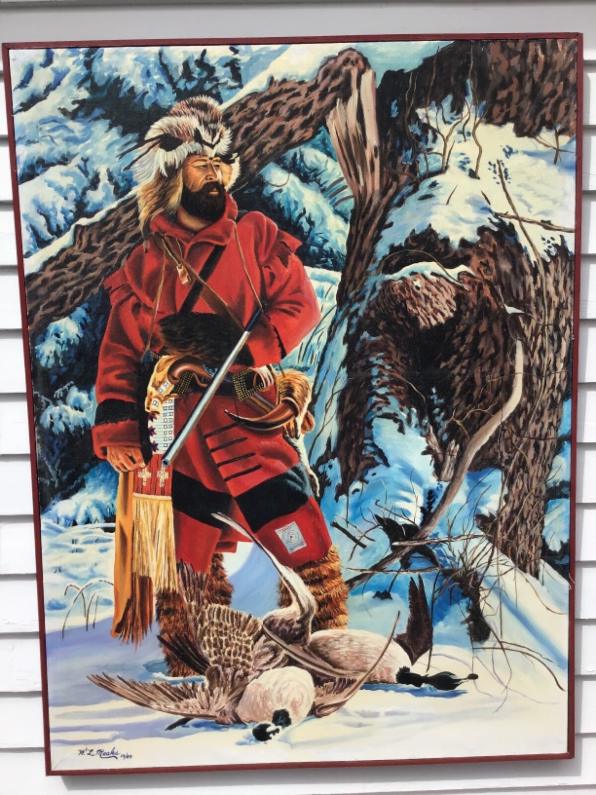 Large W.L. Meeks Hunter/Trapper Oil/Canvas 49″x 37″