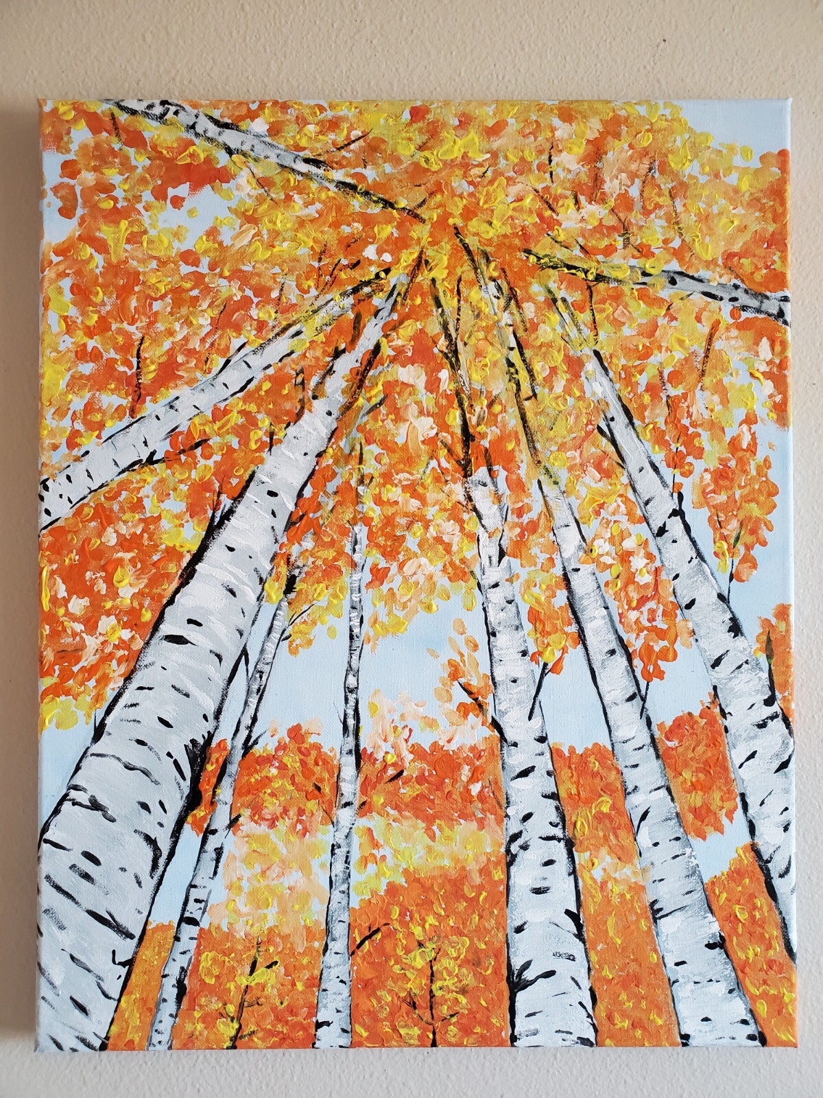 Handmade Painting Acrylic Wooden Frame 20×16 Art Decor Birch Trees Autumn