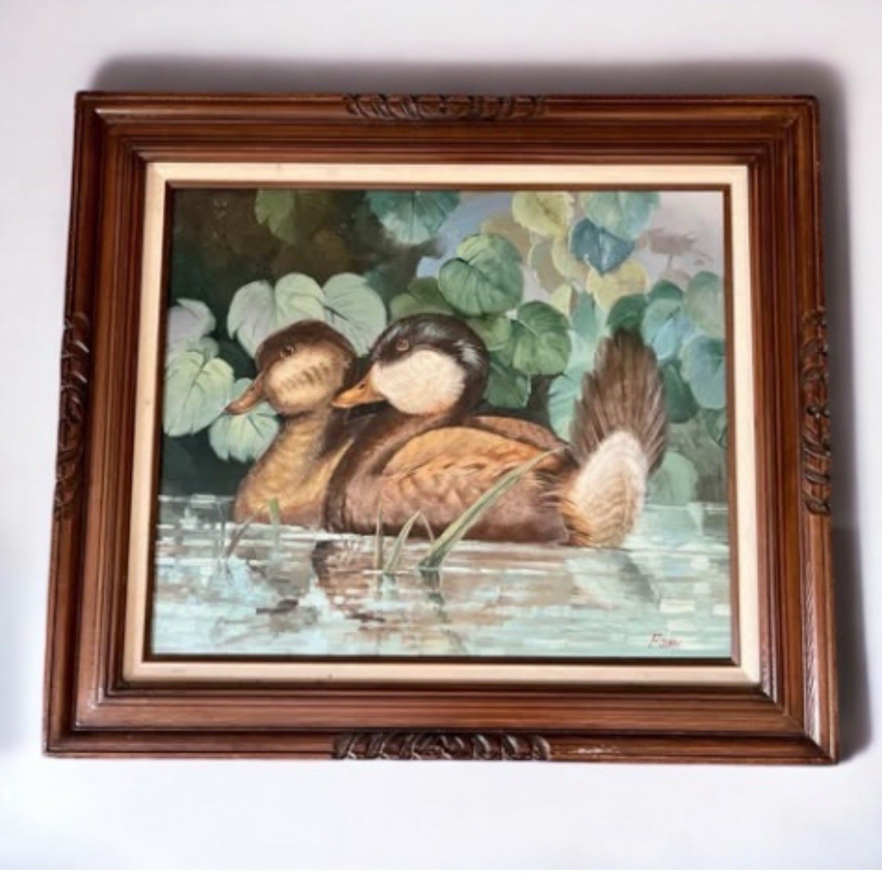 Vintage Oil Painting Ruddy Ducks Signed F. John Framed 20×24 Wildlife Art