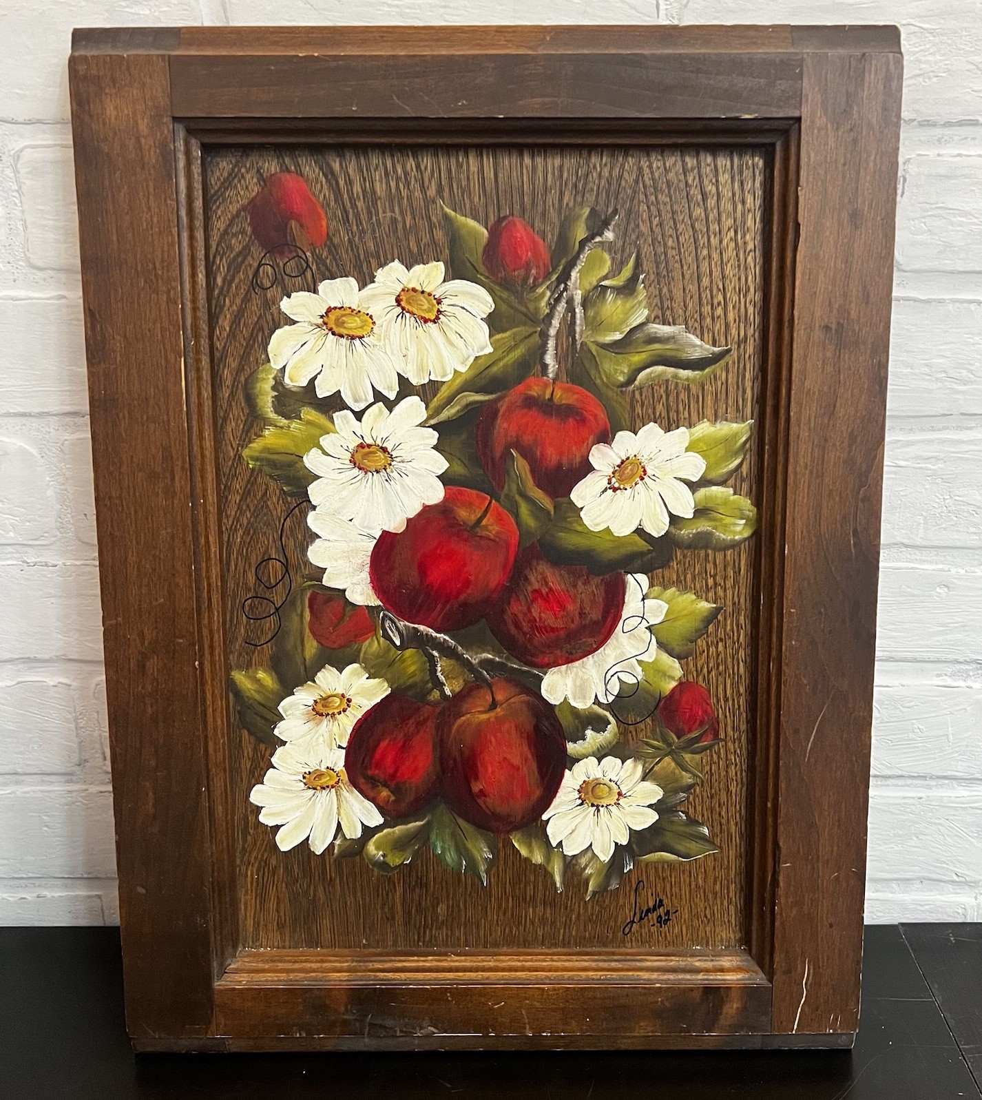 Vintage Rustic Apples & Daisies Oil Painting On Wood Panel Signed Linda 1992