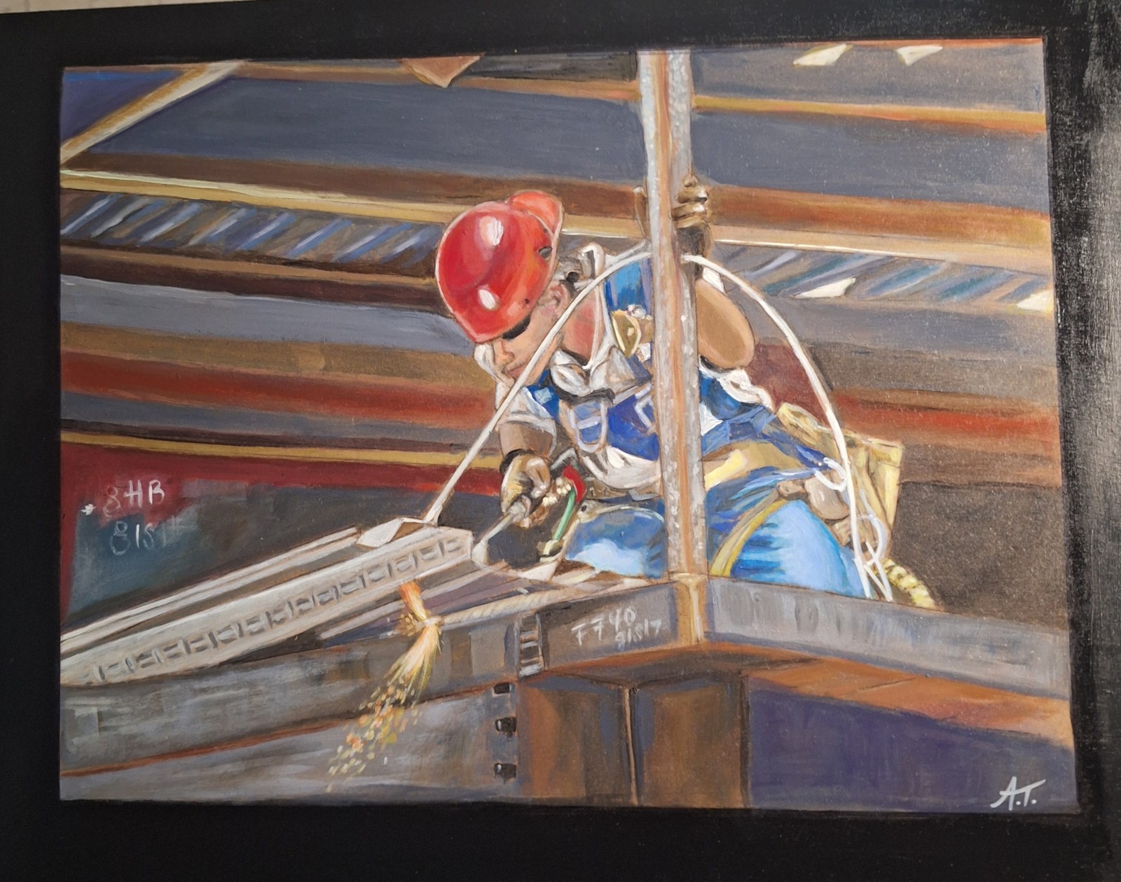 Original Impressionist 11×14 Bold Acrylic Construction Worker Signed MDF Board